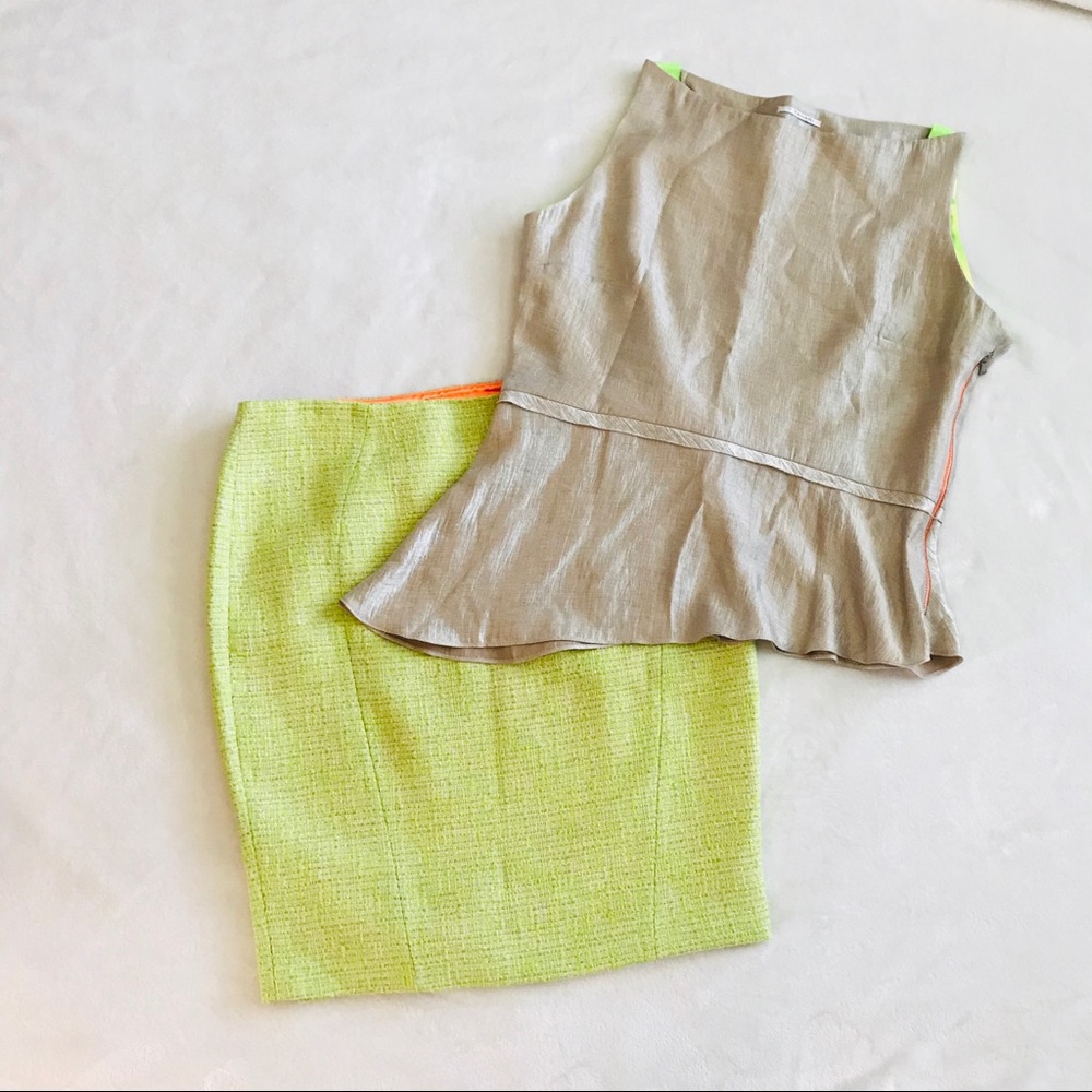 Tahari  Suit Set Green Tweed Skirt Peplum Top 14